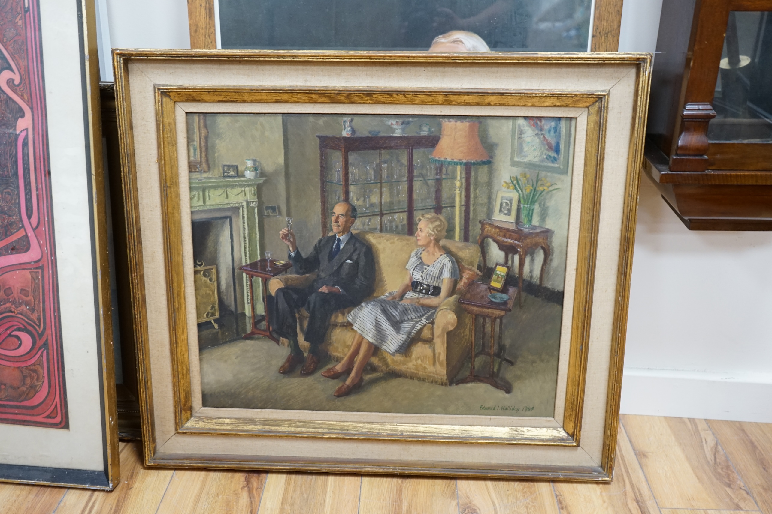 Edward Irvine Halliday (1902-1984), oil on canvas, Interior scene with Mr and Mrs Giles Newton, signed and dated 1964, Royal Society of Portrait Painters inscribed label verso, 50 x 60cm. Condition - good